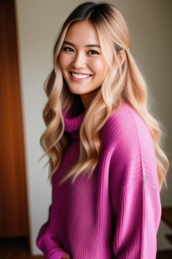 a beautiful blonde woman in a pink sweater smiling at the camera