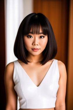 an asian woman in a white top posing for the camera