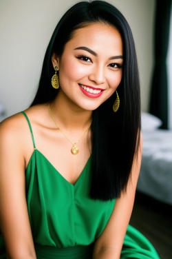 beautiful asian woman wearing green dress and gold earrings