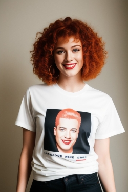 a woman with red hair wearing a white t - shirt with an image of her on it