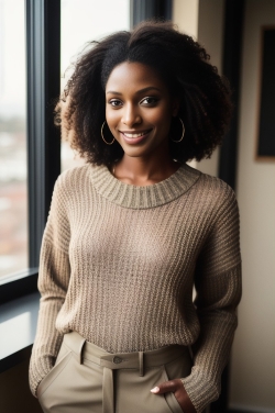 an african american woman in a beige sweater standing by a window