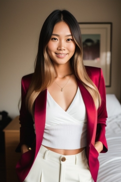 an asian woman wearing a red blazer and white pants