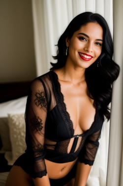a woman in black lingerie posing on a bed