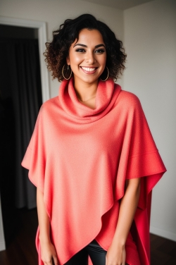 a smiling woman wearing an orange poncho